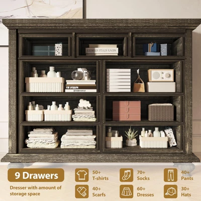 9-Drawers Dresser For Bedroom, Wooden Chest Of Drawer With Large Drawers & Metal Handles 5 9-Drawers Dresser For Bedroom, Wooden Chest Of Drawer With Large Drawers & Metal Handles - Image 3