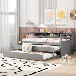 Twin XL Daybed With 2 Trundles 1 Light For Free USB Charging Design Wooden Bed Frame With 3 Storage Cubbies For Kids Teens -Garvee GUEST 6e4f2b1a d4fe 4ee1 a6af ef94157cc84e