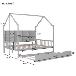 Wooden Twin Size House Bed With 2 Drawers, Storage Shelf Kids' Bed, Multifunctional Sky Roof House Bed Frame
