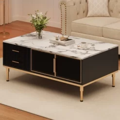 Whizmax Faux Marble Coffee Table - Modern Living Room Table With 4 Drawers & Glass Doors, Fluted Panel Design -Garvee GUEST 6f4a1c67 ef08 4a4d bb2e 151b8932b7fa