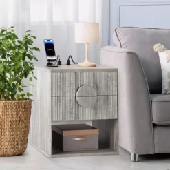 Whizmax Fluted Nightstand With Charging Station - 2 Drawers + Open Shelf, Modern Wood Bedside Table For Bedroom & Living Room Storage -Garvee GUEST 6fc11a53 fe12 488a 859a 2a858fdfc56e 1