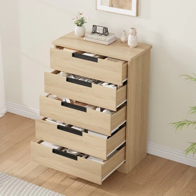 5 Drawer Dresser For Bedroom, Natural Nightstand Chest Of Drawers With Built-in Handles, Wooden Nightstand For Living Room Nursery, Hallway, Entryway 3 5 Drawer Dresser For Bedroom, Natural Nightstand Chest Of Drawers With Built-in Handles, Wooden Nightstand For Living Room Nursery, Hallway, Entryway