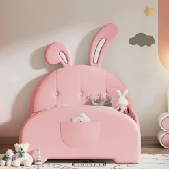 Cute Twin Size Upholstered Princess Bed,Platform Bed With Rabbit-Shape Headboard And Footboard,for Kids Toddlers Boys Girls Bedroom Use
