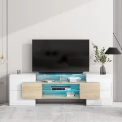 80" Modern TV Stand, Entertainment Center With 2 Illuminated Glass Shelves TV Cabinet For Living Room -Garvee GUEST 7004bb79 a25c 4871 8e31 4626a648d3a5