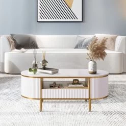 Modern Luxury Fluted Coffee Table, 48" Coffee Table With Storage Drawer, Oval Coffee Table With Golden Legs, Faux Marble Top 12 Modern Luxury Fluted Coffee Table, 48" Coffee Table With Storage Drawer, Oval Coffee Table With Golden Legs, Faux Marble Top -Garvee GUEST 7136a316 0ea6 4f98 b081 b55a0361b03b