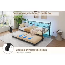 Twin Size Daybed With Pop-Up Trundle & LED Lights, Pull Out Bed With Charging Station And Pull Out Turundle, Metal Sofa Bed Frame For Living Room -Garvee GUEST 71b4997c 56b0 4c49 83a3 c93ef02ff452