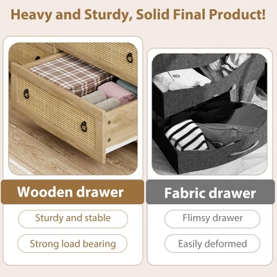 Freestanding Rattan Cabinet Dresser With Anti-Tip Design And Storage Drawer, Wooden Closet Dressers Chest For Bedroom, Living Room, Natural Wood 7 Freestanding Rattan Cabinet Dresser With Anti-Tip Design And Storage Drawer, Wooden Closet Dressers Chest For Bedroom, Living Room, Natural Wood - Image 5