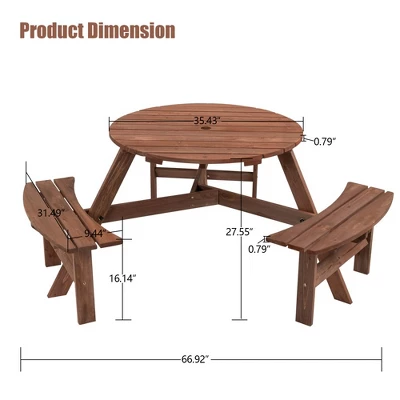 6 Person Wooden Picnic Table Set, Outdoor Round Picnic Table With Benches & Umbrella Hole, Table And Bench Set For Garden Backyard Patio 5 6 Person Wooden Picnic Table Set, Outdoor Round Picnic Table With Benches & Umbrella Hole, Table And Bench Set For Garden Backyard Patio - Image 3