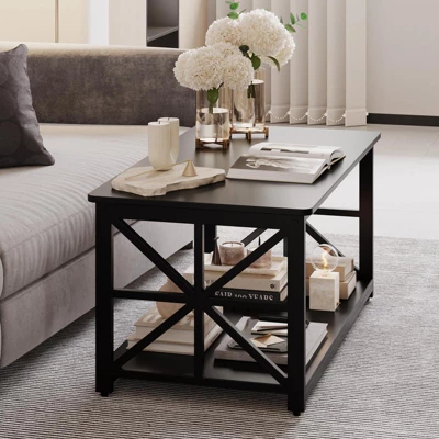 2-Tier Coffee Table For Small Spaces, X-Frame Living Room Low Coffee Table With Storage Shelf 11 2-Tier Coffee Table For Small Spaces, X-Frame Living Room Low Coffee Table With Storage Shelf - Image 9