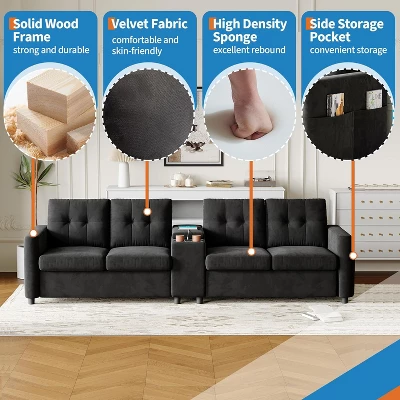 115" Faux Leather 4-Seat Sectional Sofa, Middle Table With Cup Holders, Deep Cushions, Side Organizer, For Apartment Or Small Space 5 115" Faux Leather 4-Seat Sectional Sofa, Middle Table With Cup Holders, Deep Cushions, Side Organizer, For Apartment Or Small Space - Image 3