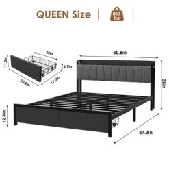 Garvee Queen Size Bed Frame With Storage Headboard, Industrial Queen Platform With 2 Drawers And Charging Station, Black No Box Spring Needed Bedframe