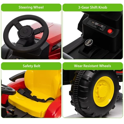 12V Kids Ride-On Tractor With Remote Control, Battery Powered Tractor Car Toy With Detachable Trailer, Music, Perfect For Boys & Girls, Red 6 12V Kids Ride-On Tractor With Remote Control, Battery Powered Tractor Car Toy With Detachable Trailer, Music, Perfect For Boys & Girls, Red - Image 4