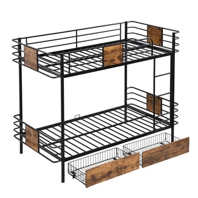 Twin XL Over Twin XL Bunk Bed With 2 Storage Drawers Guardrail Metal Bunk Bed Frame For Kids Teens Bedroom No Box Spring Needed 6 Twin XL Over Twin XL Bunk Bed With 2 Storage Drawers Guardrail Metal Bunk Bed Frame For Kids Teens Bedroom No Box Spring Needed - Image 4