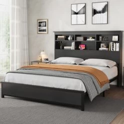 Queen Size Bed Frame With Bookcase Headboard, Queen Platform Bed With 2-tier Storage & Charging Station, No Box Spring Needed Easy Assemble，Black -Garvee GUEST 73ae7047 d2c1 41f6 bca8 3369b5460491