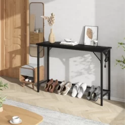 39.4 Inch Modern Console Table For Entryway, Silm Side Table Behind Couch With Charging Station & Metal Legs