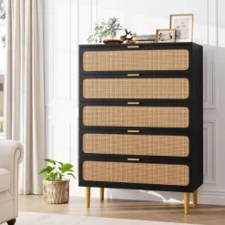 Garvee Rattan 5 Drawer Dresser For Bedroom, Tall Chest With Wide Top And Deep Storage Drawers For Living Room, Hallway, Kids Room -Garvee GUEST 74e8bb77 eed3 4174 b9e9 272b7abb99ad