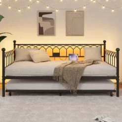 Twin Size Daybed With Pop-Up Trundle & LED Lights, Pull Out Bed With Charging Station And Pull Out Turundle, Metal Sofa Bed Frame For Living Room -Garvee GUEST 756b7842 ba8d 4fad 97cc 3546c8505f47