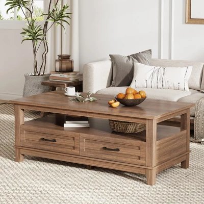 Farmhouse Coffee Table With Drawers, 47.2" Center Table Rustic Coffee Tables White Brown Living Room Table 3 Farmhouse Coffee Table With Drawers, 47.2" Center Table Rustic Coffee Tables White Brown Living Room Table
