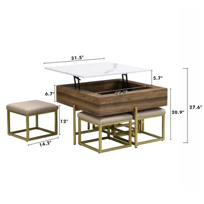 Lift Top Coffee Table With Hidden Storage, Modern Square Center Table With 4 Ottomans, Wood Cocktail Table Center Table For Living Room White 4 Lift Top Coffee Table With Hidden Storage, Modern Square Center Table With 4 Ottomans, Wood Cocktail Table Center Table For Living Room White - Image 2