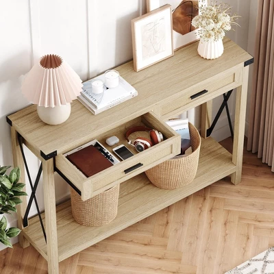Farmhouse Sofa Table - Console Table With Rattan Drawers 4 Farmhouse Sofa Table - Console Table With Rattan Drawers - Image 2