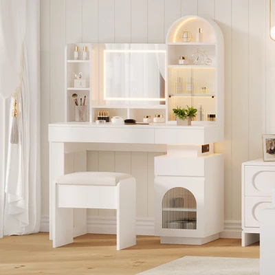 Arched Vanity Desk With Mirror And Lights, Makeup Vanity Table With 3 Drawers And 11 Storage Shelves, Large Dressing Table With Outlet 12 Arched Vanity Desk With Mirror And Lights, Makeup Vanity Table With 3 Drawers And 11 Storage Shelves, Large Dressing Table With Outlet - Image 10