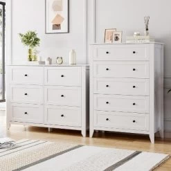 5 Drawers Dresser For Bedroom, Farmhouse Tall Wood Chest Of Drawers For Clothes, Big Storage Dressers Organizer With Gold Handles For Bedroom, White -Garvee GUEST 76563bc3 cff4 4977 94ae 7ff9c0080a62