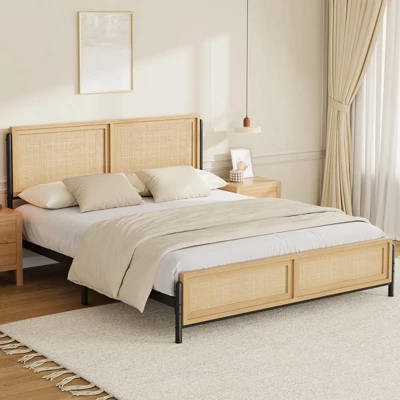 Garvee Bed Frame With Natural Rattan Headboard And Footboard, Wooden Platform No Box Spring Needed, Noise-Free Metal Bedframe 9 Garvee Bed Frame With Natural Rattan Headboard And Footboard, Wooden Platform No Box Spring Needed, Noise-Free Metal Bedframe - Image 7