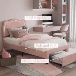 Twin Bed Frames With Smart LED Lights, Upholstered Bed Frame With Height Adjustable Bear Headboard, Velvet Princess Platform Bed Frame For Kids/Girls 12 Twin Bed Frames With Smart LED Lights, Upholstered Bed Frame With Height Adjustable Bear Headboard, Velvet Princess Platform Bed Frame For Kids/Girls -Garvee GUEST 771324c9 0420 430d 8c37 1be2e06e02a4