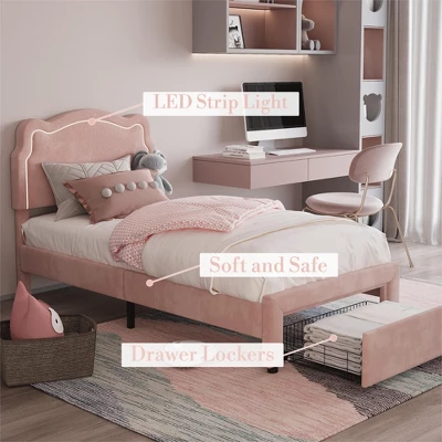 Twin Bed Frames With Smart LED Lights, Upholstered Bed Frame With Height Adjustable Bear Headboard, Velvet Princess Platform Bed Frame For Kids/Girls 7 Twin Bed Frames With Smart LED Lights, Upholstered Bed Frame With Height Adjustable Bear Headboard, Velvet Princess Platform Bed Frame For Kids/Girls - Image 5