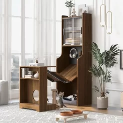 Modern Cat House Furniture With Extendable Desk, Pet Friendly Gaming Desk With Storage, Space-Saving Workstation With Cat Bed & Scratching Post