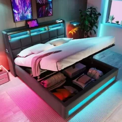 Queen Size Bed Frame With Hydraulic Storage,Upholstered Headboard,RGB LED Light And USB Charging -Garvee GUEST 7853ecc6 bad4 408a aa9a 01fe3d8c6fee