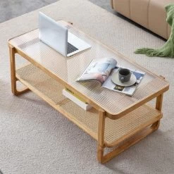 Modern Rattan Coffee Table,Rectangular Center Table With Tempered Glass Tabletop,2 Tier Wood Tea Table For Living Room Office Bedroom 19 Modern Rattan Coffee Table,Rectangular Center Table With Tempered Glass Tabletop,2 Tier Wood Tea Table For Living Room Office Bedroom -Garvee GUEST 7873a2a3 f421 4869 a958 17c1aefe243d