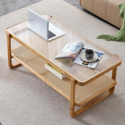 Modern Rattan Coffee Table,Rectangular Center Table With Tempered Glass Tabletop,2 Tier Wood Tea Table For Living Room Office Bedroom 11 Modern Rattan Coffee Table,Rectangular Center Table With Tempered Glass Tabletop,2 Tier Wood Tea Table For Living Room Office Bedroom - Image 9
