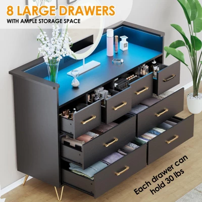 Dresser With Power Outlet And LED Lights, Wood 8 Drawer Dresser For Bedroom, Modern Chest Of Drawers For Closet, Living Room 6 Dresser With Power Outlet And LED Lights, Wood 8 Drawer Dresser For Bedroom, Modern Chest Of Drawers For Closet, Living Room - Image 4