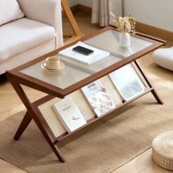 Modern Coffee Table With Glass Top & Rattan Shelf - Z-Shape Design, Warm Wood Frame For Living Room, Office 11 Modern Coffee Table With Glass Top & Rattan Shelf - Z-Shape Design, Warm Wood Frame For Living Room, Office -Garvee GUEST 79f7bbe4 235d 4917 a69e fc796f9965ea