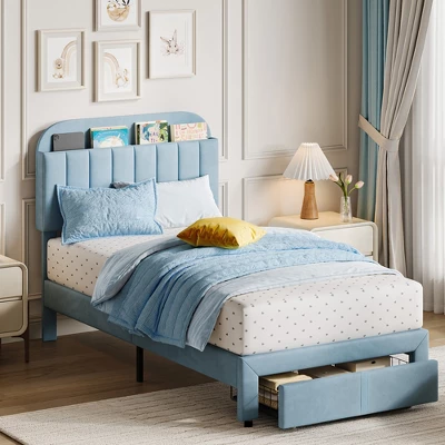 Garvee Twin Bed Frame With Drawer, Velvet Upholstered Platform Bed Frame With Storage Headboard, No Box Spring Needed, Easy Assembly 3 Garvee Twin Bed Frame With Drawer, Velvet Upholstered Platform Bed Frame With Storage Headboard, No Box Spring Needed, Easy Assembly
