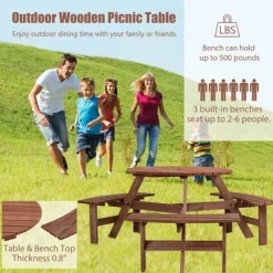 6 Person Wooden Picnic Table Set, Outdoor Round Picnic Table With Benches & Umbrella Hole, Table And Bench Set For Garden Backyard Patio 13 6 Person Wooden Picnic Table Set, Outdoor Round Picnic Table With Benches & Umbrella Hole, Table And Bench Set For Garden Backyard Patio -Garvee GUEST 7a962de7 ae25 4e25 a7e2 6aefa4d6149e