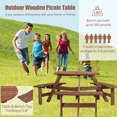 6 Person Wooden Picnic Table Set, Outdoor Round Picnic Table With Benches & Umbrella Hole, Table And Bench Set For Garden Backyard Patio 6 6 Person Wooden Picnic Table Set, Outdoor Round Picnic Table With Benches & Umbrella Hole, Table And Bench Set For Garden Backyard Patio - Image 4