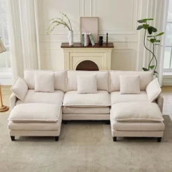 Garvee Modular Sectional Sofa, 3 Seater Corduroy Couch With Ottoman & Throw Pillows, Modern L-Shaped Sofa, For Living Rooms, Offices, Grey