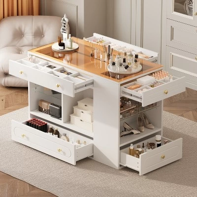Wardrobe Closet Island With Glass Tabletop, Armoire Bedroom Island With 6 Drawers, Jewelry Storage Vanity Island, Walk In Wardrobe Furniture 11 Wardrobe Closet Island With Glass Tabletop, Armoire Bedroom Island With 6 Drawers, Jewelry Storage Vanity Island, Walk In Wardrobe Furniture - Image 9
