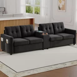 115" Faux Leather 4-Seat Sectional Sofa, Middle Table With Cup Holders, Deep Cushions, Side Organizer, For Apartment Or Small Space 14 115" Faux Leather 4-Seat Sectional Sofa, Middle Table With Cup Holders, Deep Cushions, Side Organizer, For Apartment Or Small Space -Garvee GUEST 7c379bfc 1f27 4867 bcb1 5efc9b2672d7
