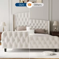 51" Tall Queen/King Size Velvet Upholstered Platform Bed Frame With Button Tufted Wingback Headboard & Footboard, No Box Spring Needed -Garvee GUEST 7c68d849 db0d 436b a40a aceb5354f953