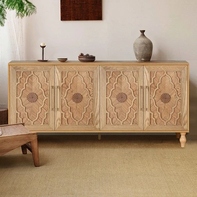 Sideboard Buffet, Wood Floor Cabinet With Carved Flower Door, Metal Handle, Freestanding Sideboard 10 Sideboard Buffet, Wood Floor Cabinet With Carved Flower Door, Metal Handle, Freestanding Sideboard - Image 8