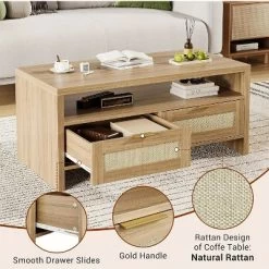 Garvee Rattan Coffee Table With 2 Drawers, Wooden Coffee Table With Open Storage, Oak -Garvee GUEST 7d29365e 7b2a 4433 b1f0 75cc5a920695