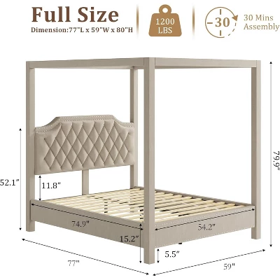 Upholstered Canopy Bed Frame With Headboard, Button Tufted, Nailhead Trim Design, No Box Spring Required 3 Upholstered Canopy Bed Frame With Headboard, Button Tufted, Nailhead Trim Design, No Box Spring Required
