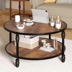 2-Tier Round Wood Coffee Table With Storage Shelf & Roman Column Metal Frame – Rustic Circle Center Table