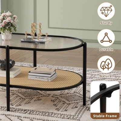 2-Tier Rattan Coffee Table, Boho Oval Coffe Table With Tempered Glass Top 4 2-Tier Rattan Coffee Table, Boho Oval Coffe Table With Tempered Glass Top - Image 2