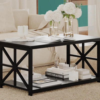 2-Tier Coffee Table For Small Spaces, X-Frame Living Room Low Coffee Table With Storage Shelf 5 2-Tier Coffee Table For Small Spaces, X-Frame Living Room Low Coffee Table With Storage Shelf - Image 3