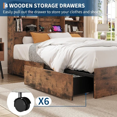 Full Size Bed Frame With High Storage Bookcase Headboard, Wood Bed Frame With 4 Storage Drawers, Built In Charging Station, Brown 5 Full Size Bed Frame With High Storage Bookcase Headboard, Wood Bed Frame With 4 Storage Drawers, Built In Charging Station, Brown - Image 3