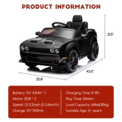 Licensed Dodge Ride-On Car, 12V Electric Vehicle For Kids With Remote Control, Ride On Toys With LED Lights, MP3 Player – Boys & Girls Gifts